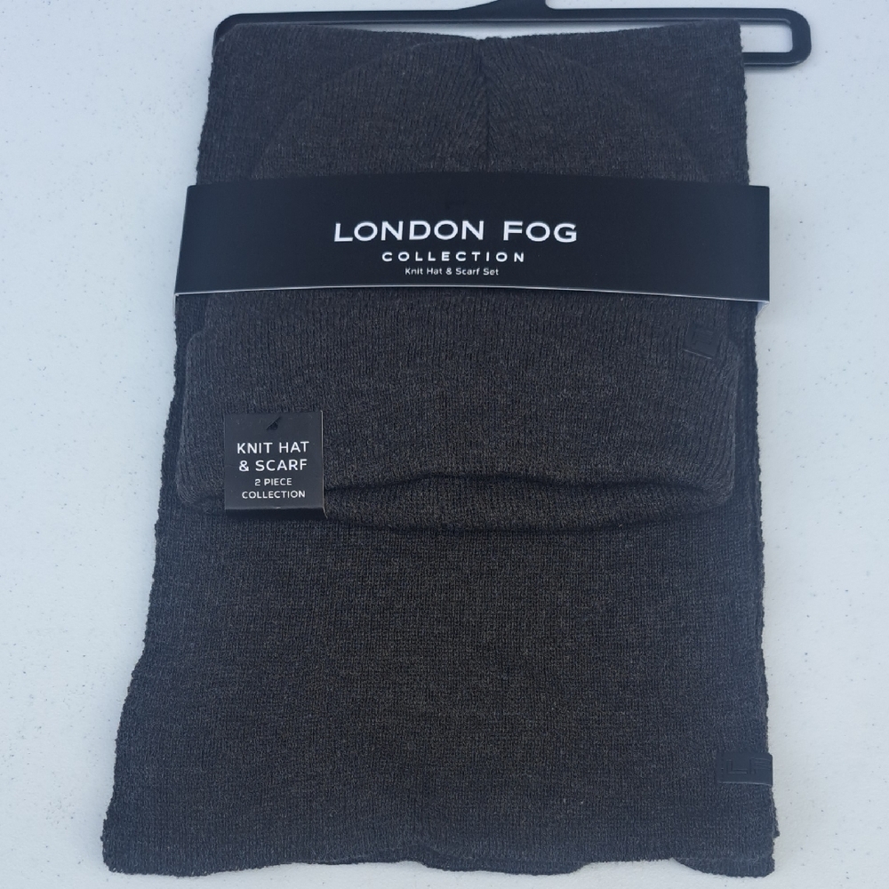London Fog Men's Dark Gray Knit Hat & Scarf Set New